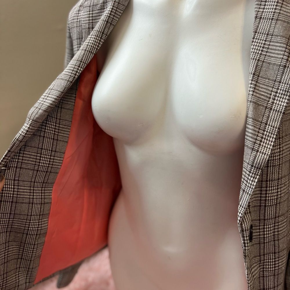 Chocolate USA Plaid Open Front Blazer Jacket Women’s Size S Brown Tan Lined - Picture 5 of 9